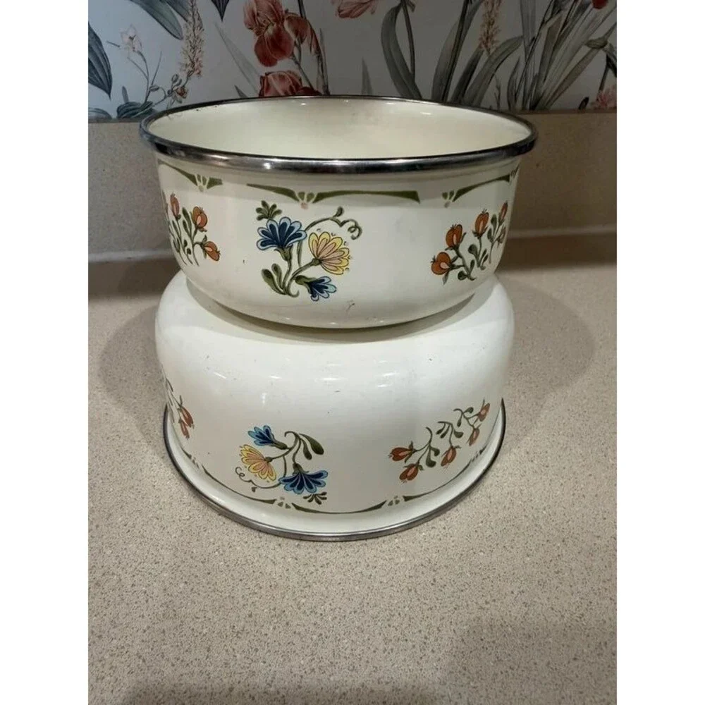 Vintage Floral Enamel Nesting Metal Bowls Set of 2